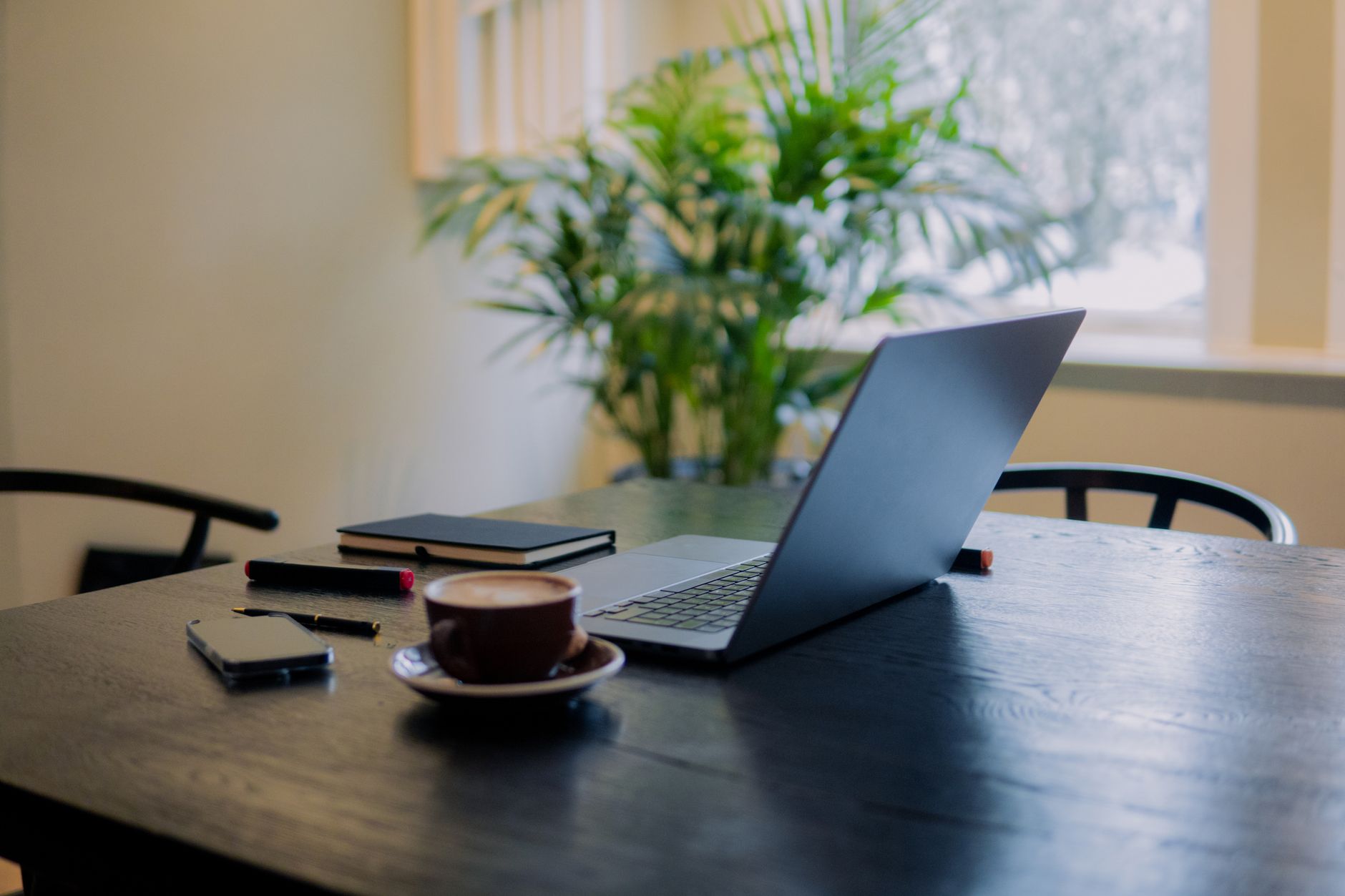 Een rustige thuiswerkplek met een laptop, koffie en een plant, klaar voor een werkdag